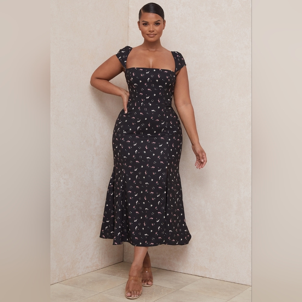 House of CB Black Floral Midi Dress
